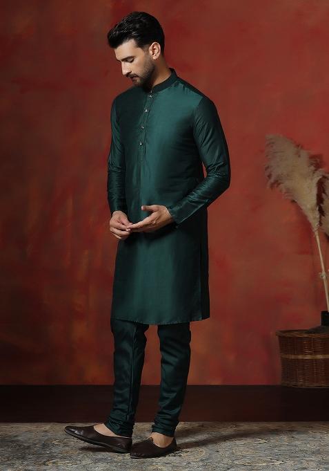 Green Solid Dupion Kurta For Men