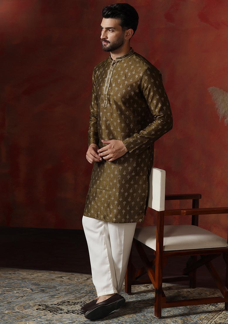 Brown Printed Dupion Kurta Pyjama Set For Men - Indya