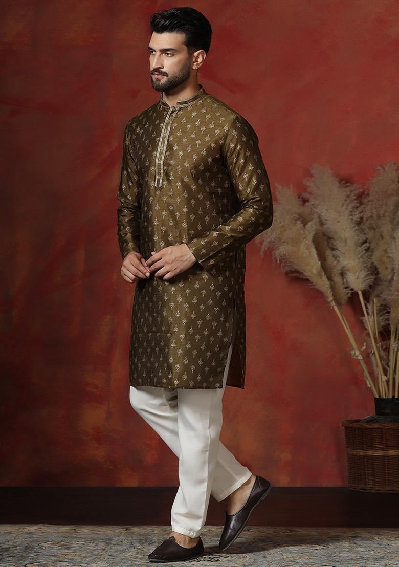 Brown Printed Dupion Kurta For Men