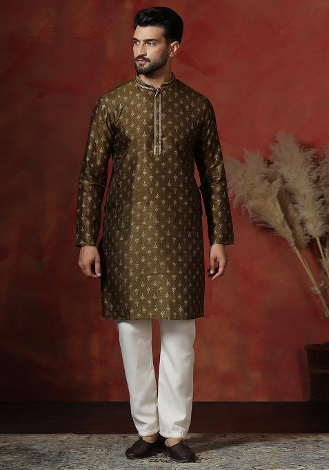 Brown Printed Dupion Kurta For Men