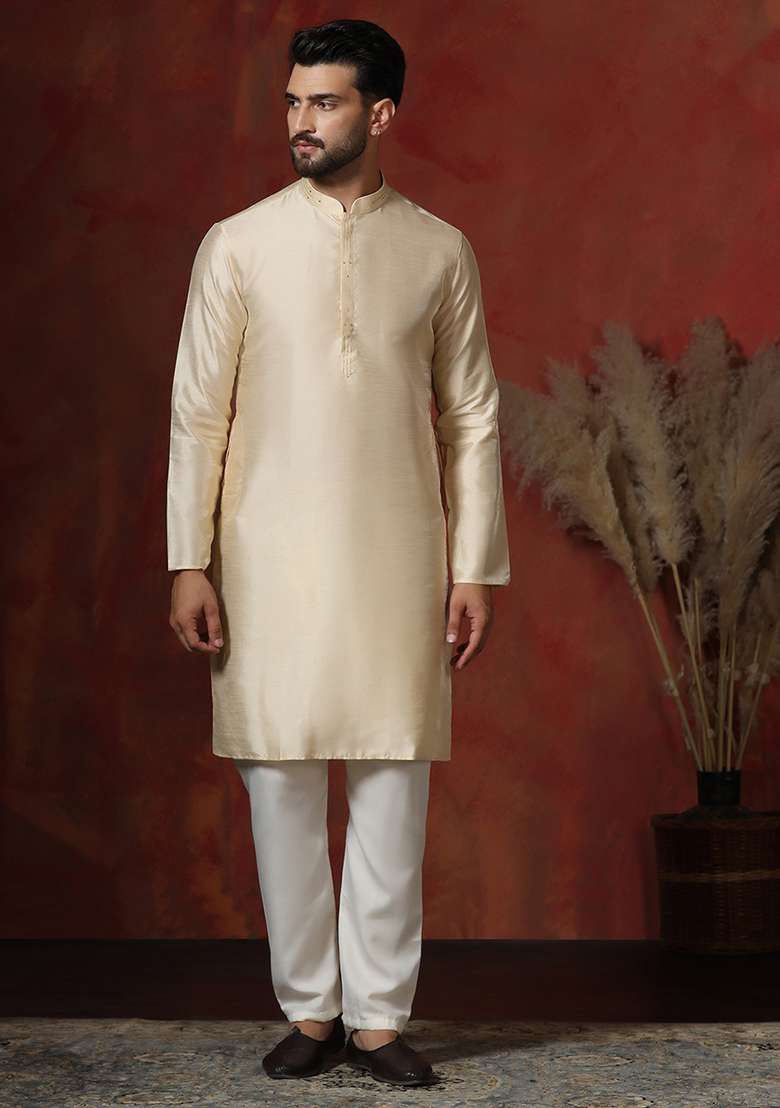 Cream Solid Dupion Kurta For Men - Indya