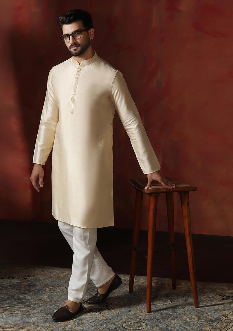 Cream Solid Dupion Kurta Pyjama Set For Men - Indya