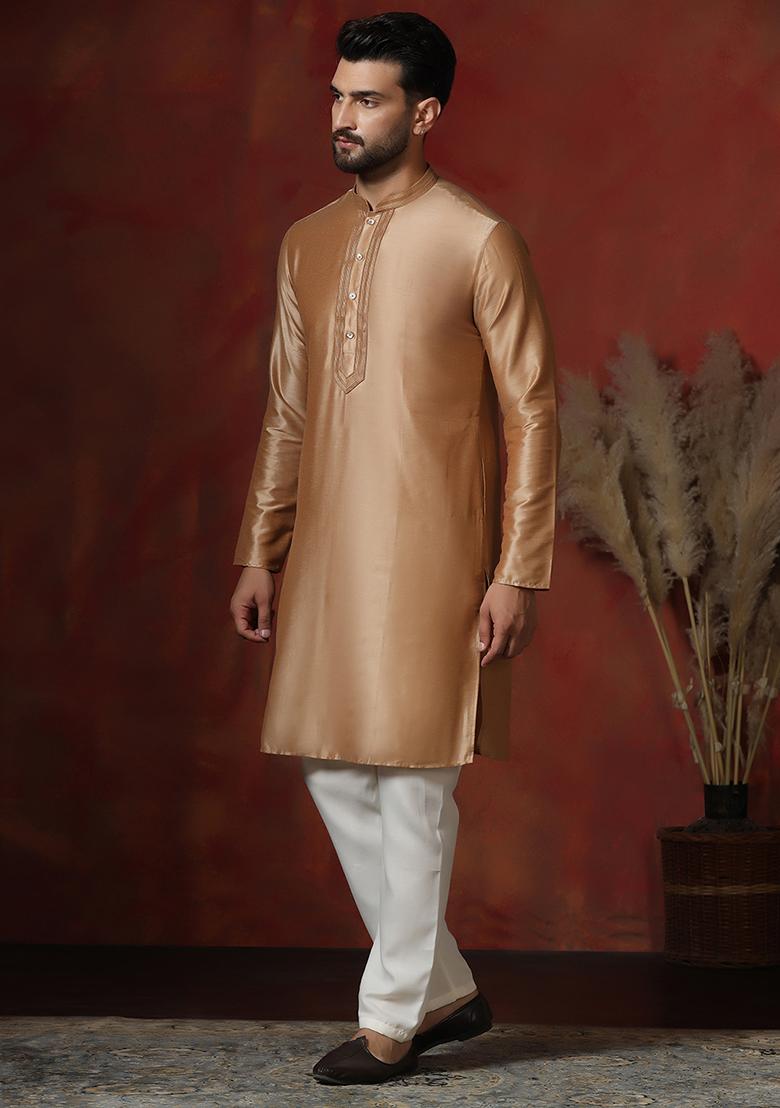 Beige Solid Dupion Kurta Pyjama Set For Men - Indya
