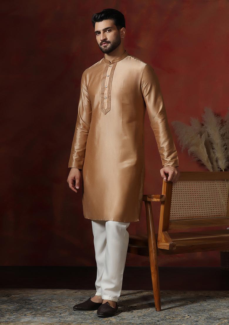 Beige Solid Dupion Kurta Pyjama Set For Men - Indya