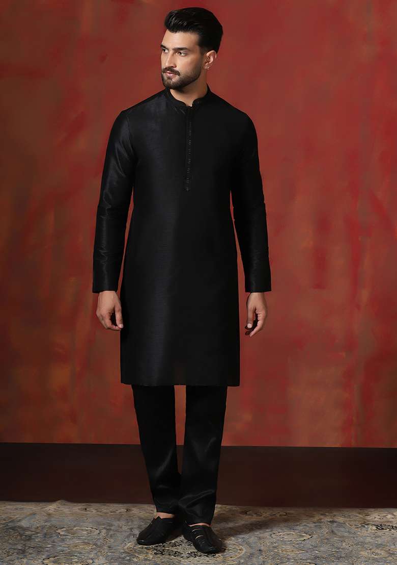 Black Solid Dupion Kurta For Men - Indya