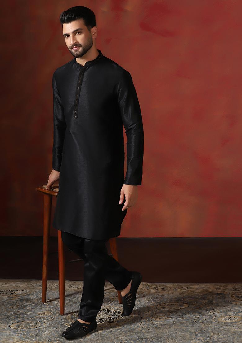 Black Solid Dupion Kurta Churidar Set For Men - Indya