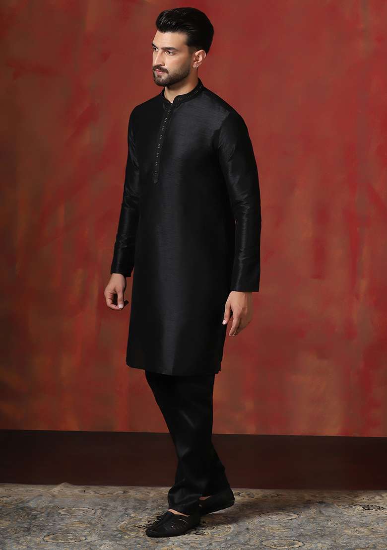 Black Solid Dupion Kurta For Men - Indya