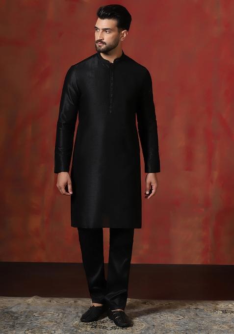 Black Solid Dupion Kurta For Men