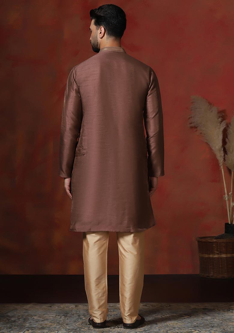 Brown Solid Dupion Kurta For Men