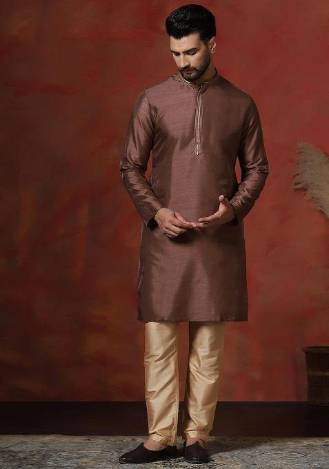 Brown Solid Dupion Kurta For Men