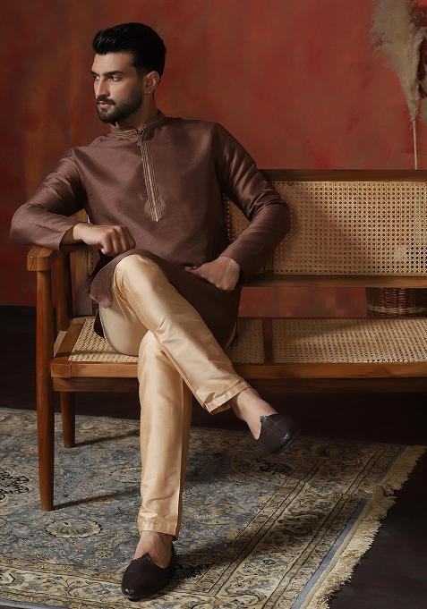 Brown Solid Dupion Kurta For Men