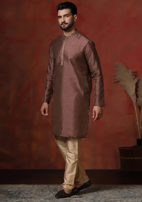 Brown Solid Dupion Kurta For Men