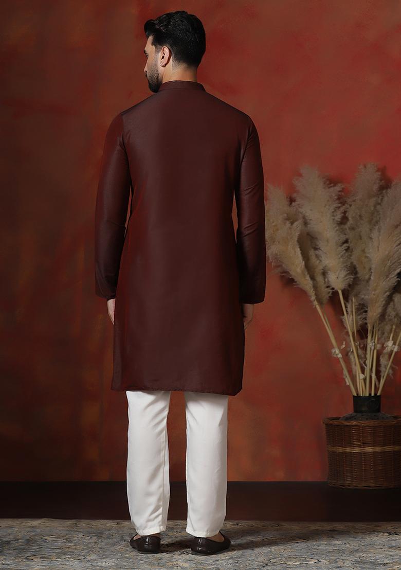Maroon Solid Dupion Kurta For Men