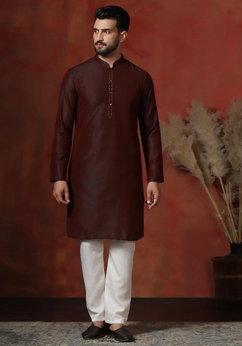 Maroon Solid Dupion Kurta For Men