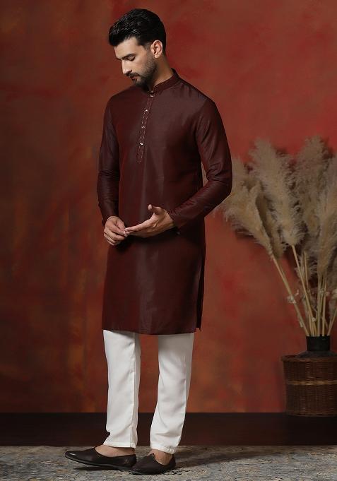 Maroon Solid Dupion Kurta For Men