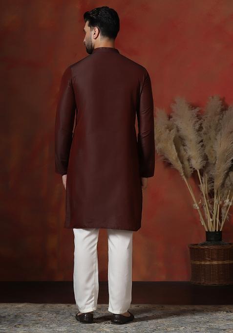 Maroon Solid Dupion Kurta For Men
