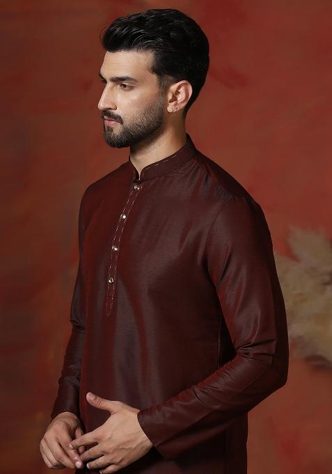Maroon Solid Dupion Kurta For Men