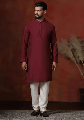 Red Solid Dupion Kurta Pyjama Set For Men