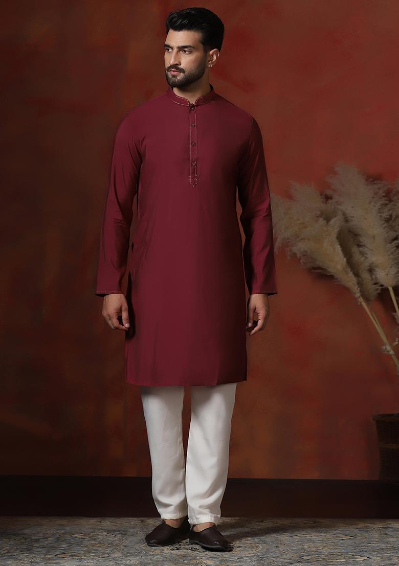 Red Solid Dupion Kurta For Men