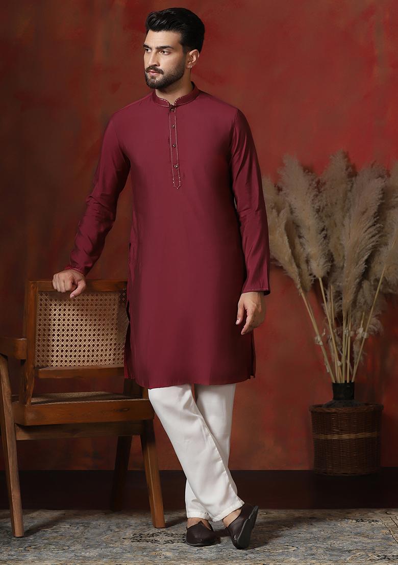 Red Solid Dupion Kurta Pyjama Set For Men - Indya
