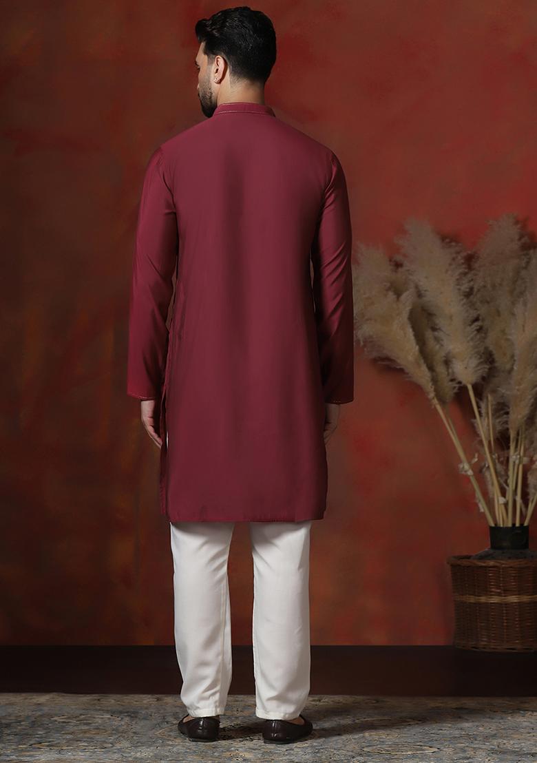 Red Solid Dupion Kurta For Men