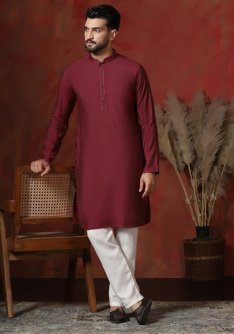 Red Solid Dupion Kurta For Men