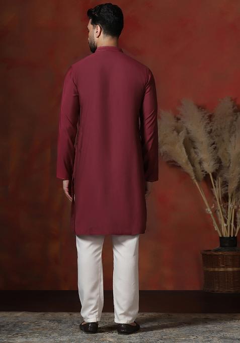 Red Solid Dupion Kurta For Men