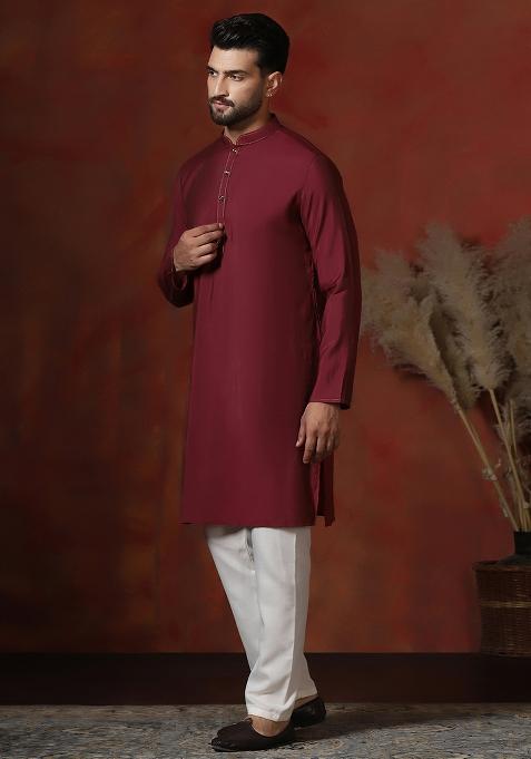 Red Solid Dupion Kurta For Men