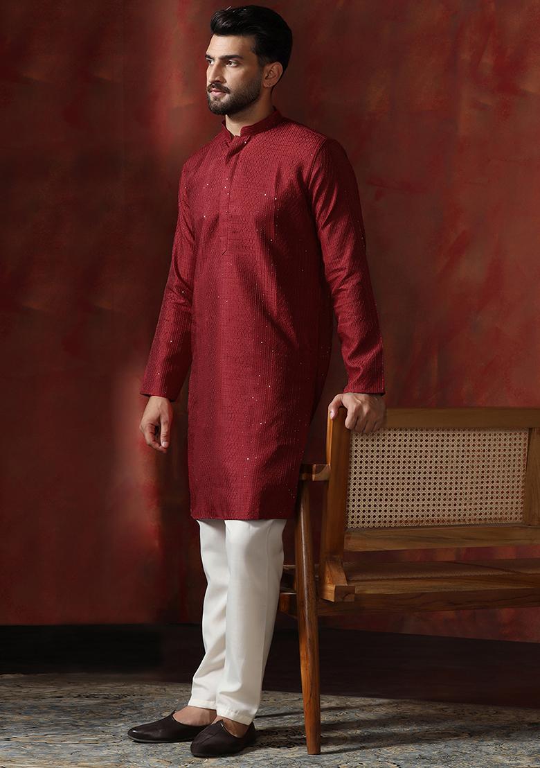 Red Embroidery Bangalorian Silk Kurta Pyjama Set For Men - Indya