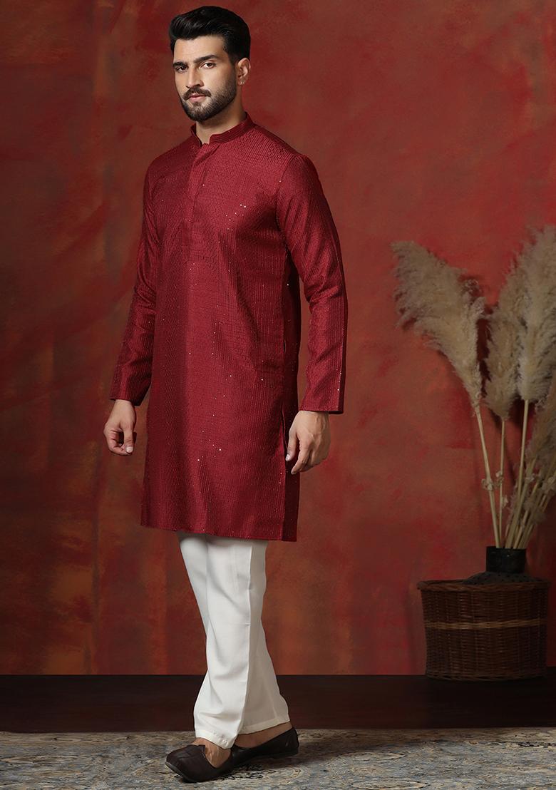 Red Embroidery Bangalorian Silk Kurta Pyjama Set For Men - Indya