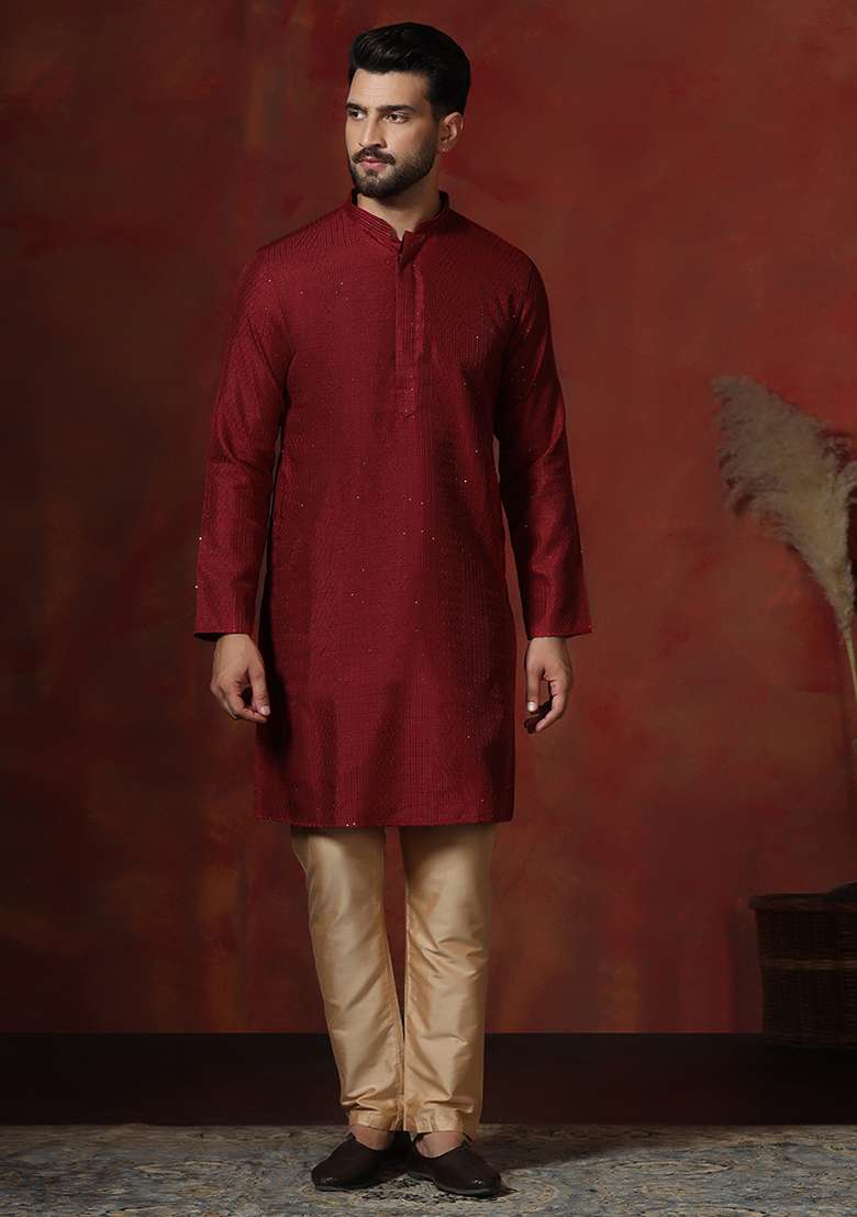 Red Embroidery Bangalorian Silk Blend Kurta Pyjama Set For Men - Indya