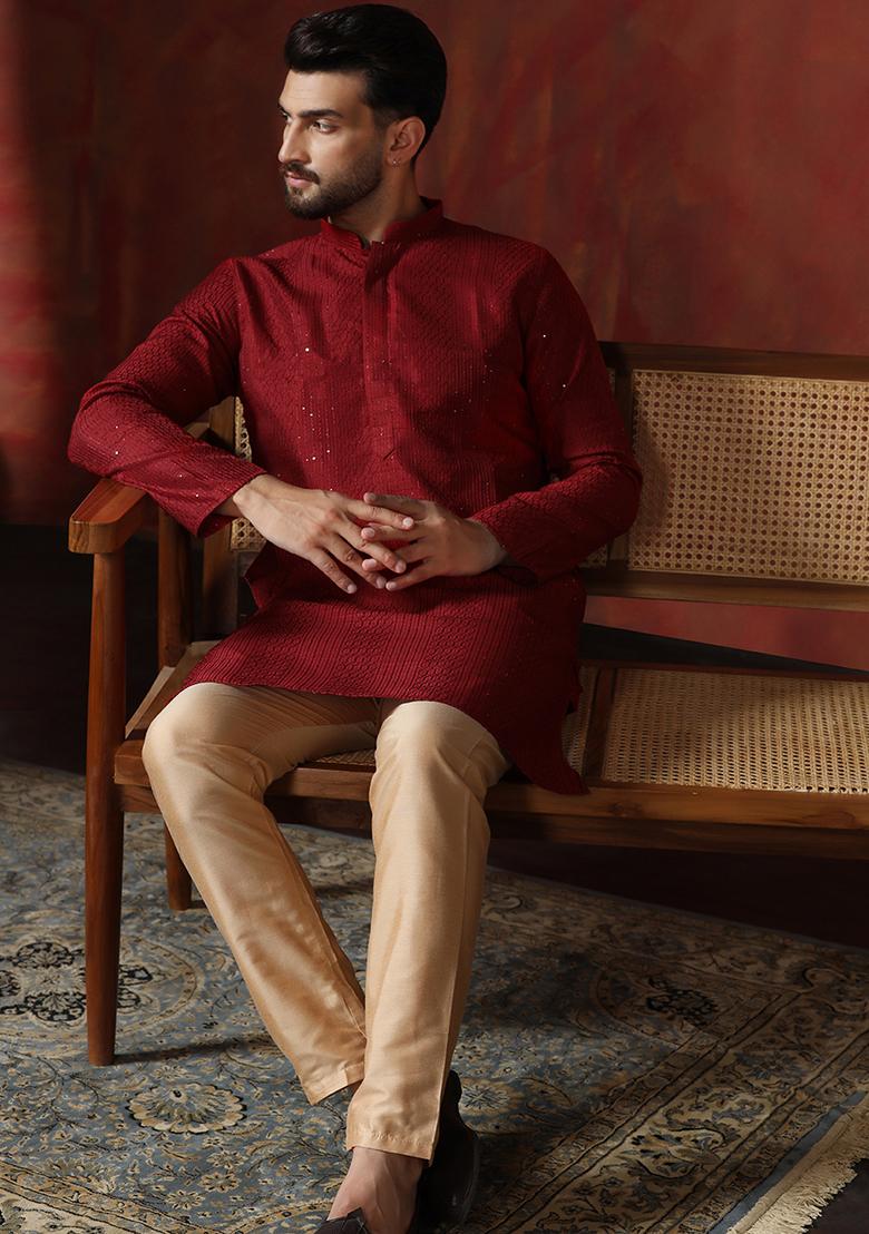 Red Embroidery Bangalorian Silk Kurta Pyjama Set For Men - Indya