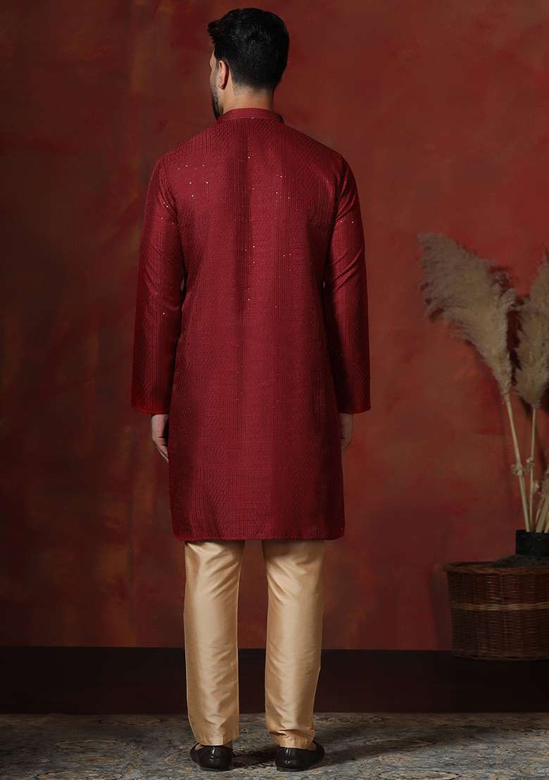 Red Embroidery Bangalorian Silk Blend Kurta Pyjama Set For Men - Indya