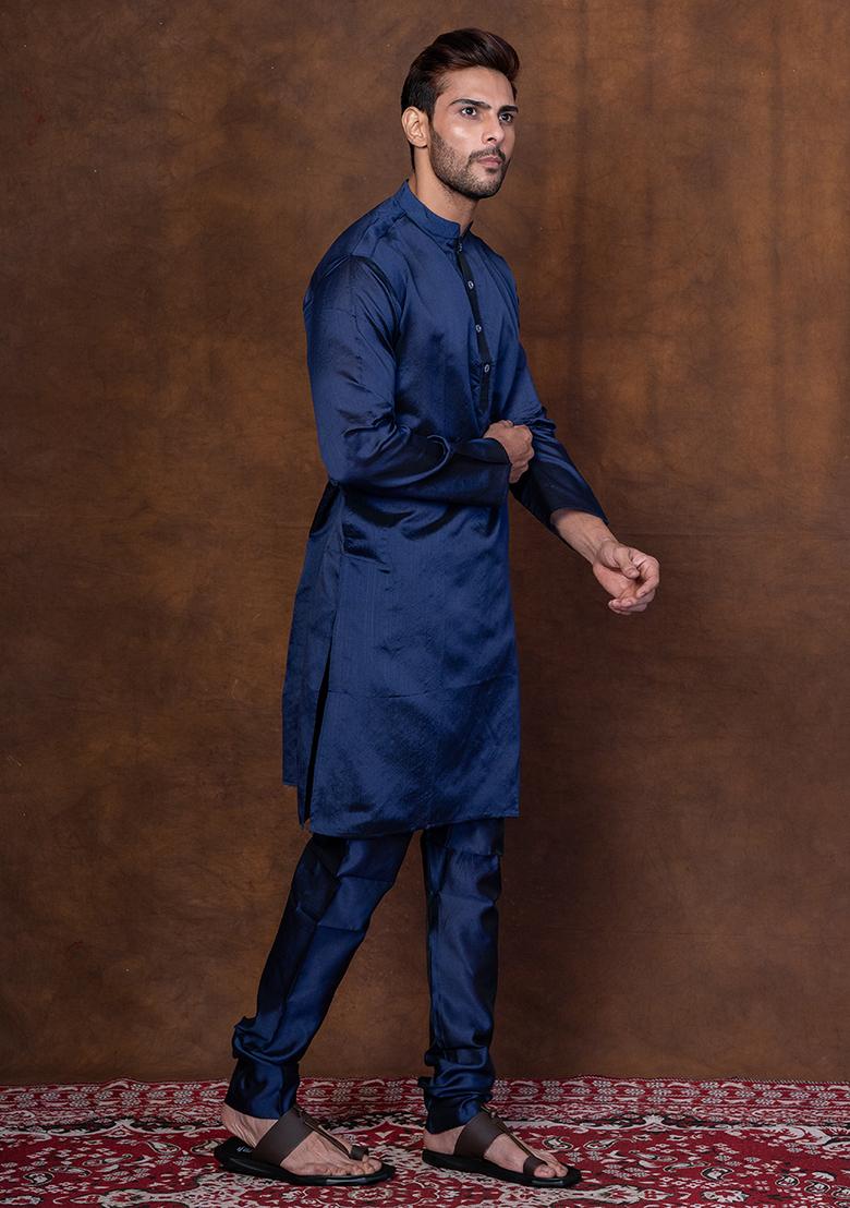 Blue Solid Dupion Kurta Churidar Set For Men - Indya