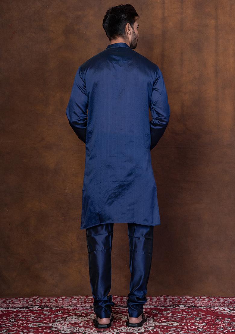 Blue Solid Dupion Kurta Churidar Set For Men