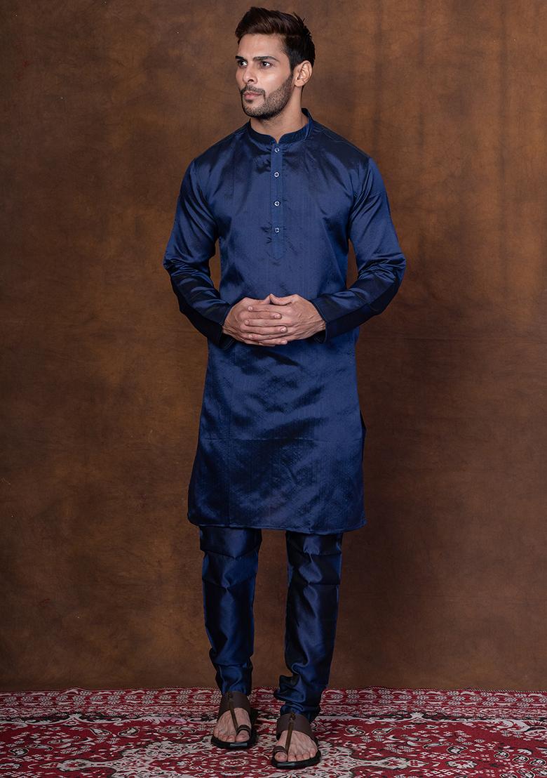 Blue Solid Dupion Kurta Churidar Set For Men - Indya