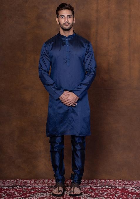 Blue Solid Dupion Kurta Churidar Set For Men