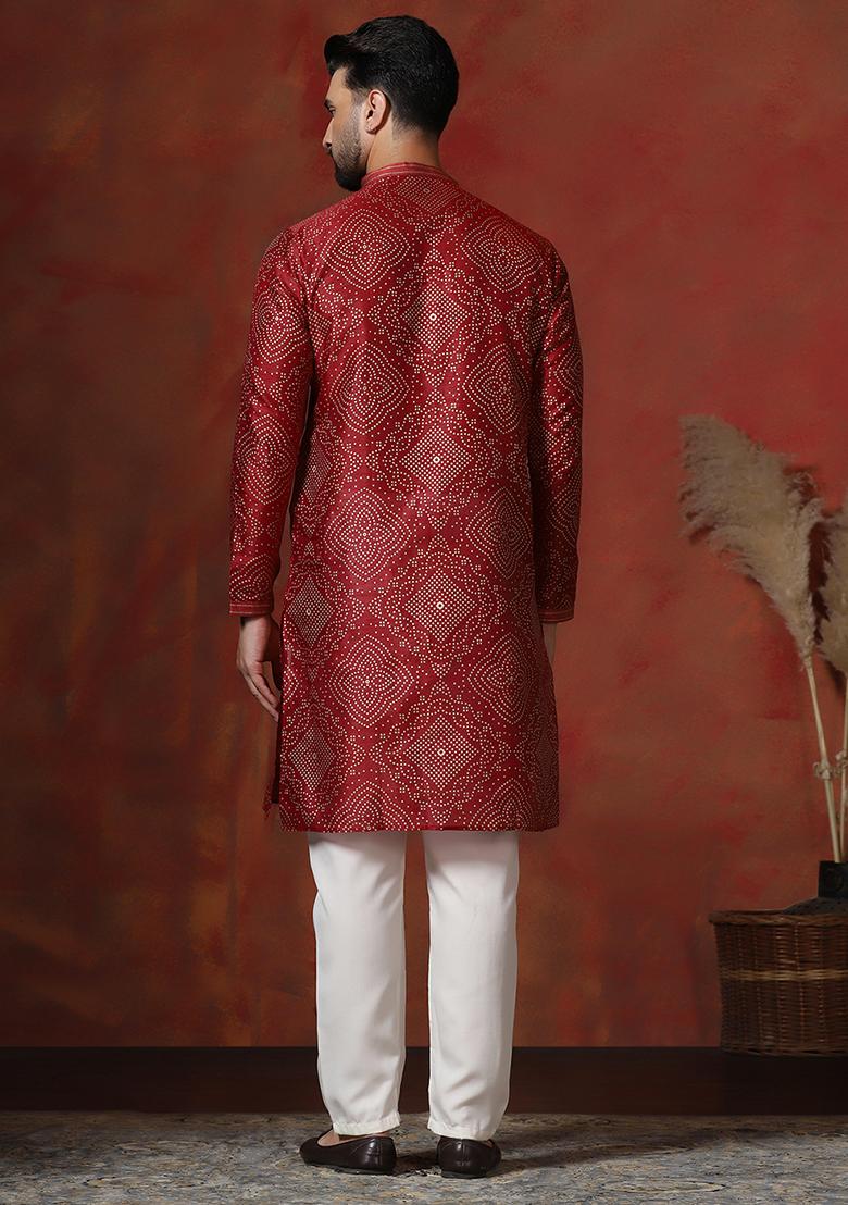 Red Printed Dupion Kurta Pyjama Set For Men