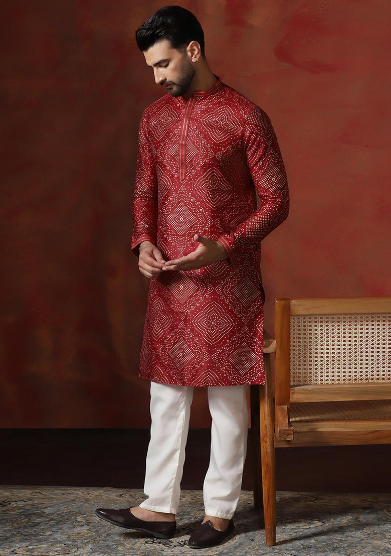 Red Printed Dupion Kurta Pyjama Set For Men