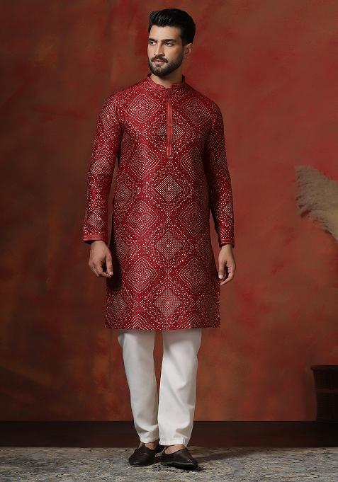 Red Printed Dupion Kurta Pyjama Set For Men