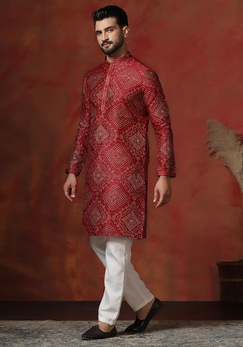 Red Printed Dupion Kurta Pyjama Set For Men