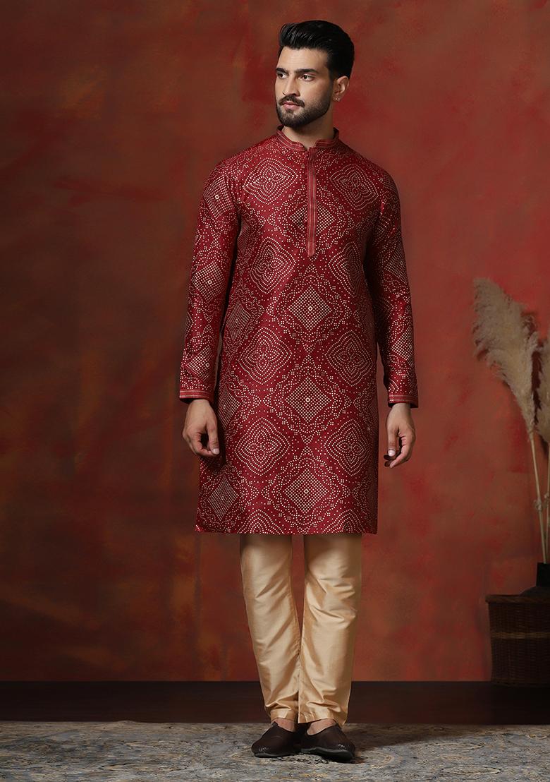 Red Printed Dupion Kurta Pyjama Set For Men