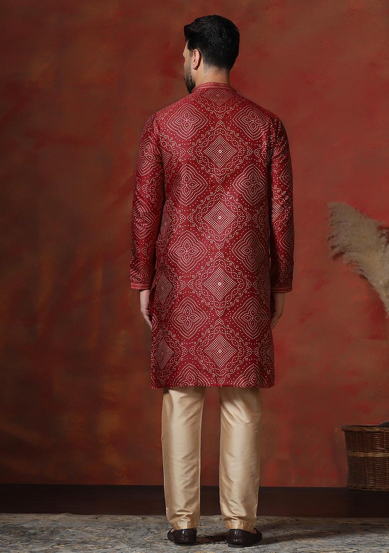 Red Printed Dupion Kurta Pyjama Set For Men