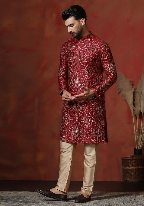 Red Printed Dupion Kurta Pyjama Set For Men