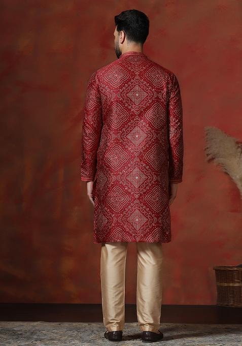 Red Printed Dupion Kurta Pyjama Set For Men