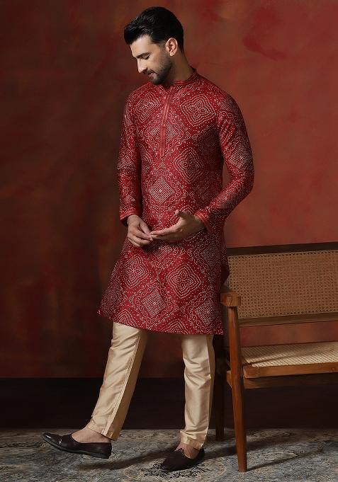 Red Printed Dupion Kurta Pyjama Set For Men