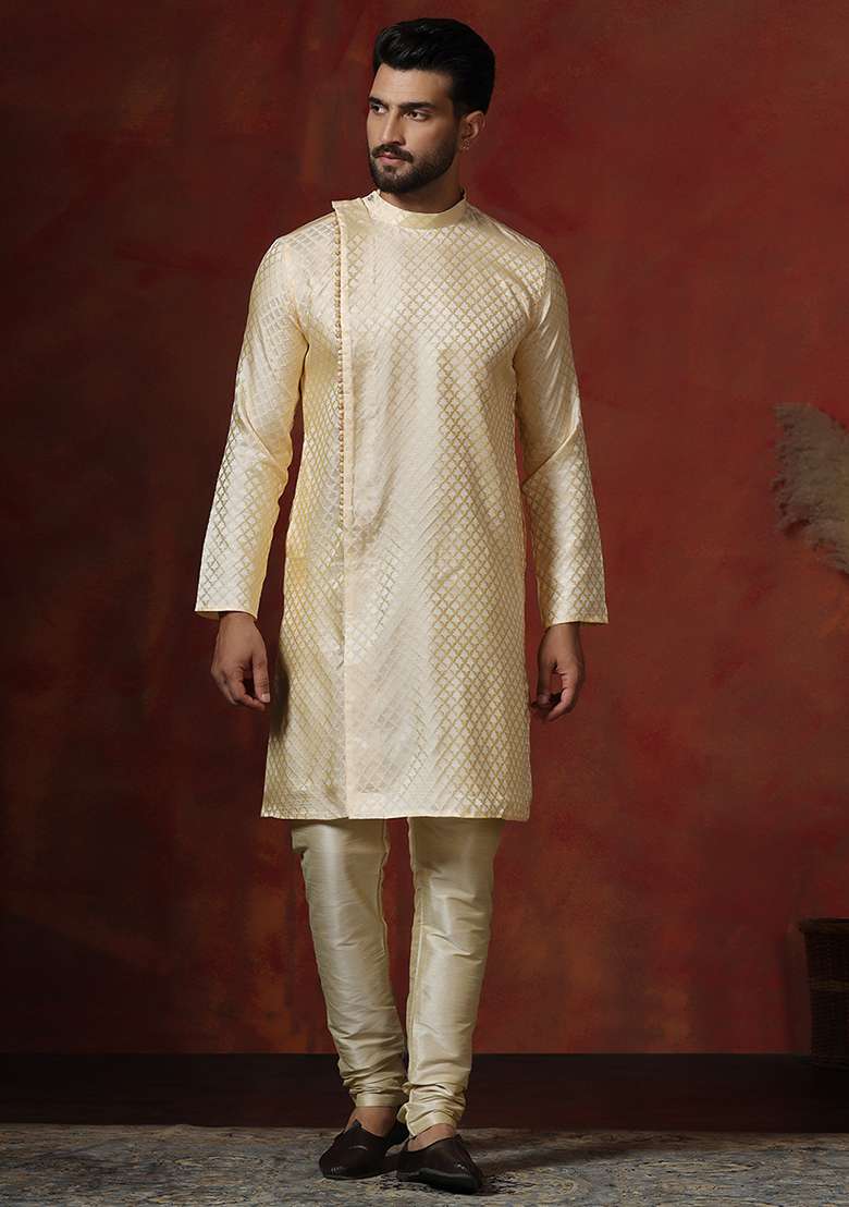 Lemon Printed Cotton Blend Kurta Churidar Set For Men - Indya