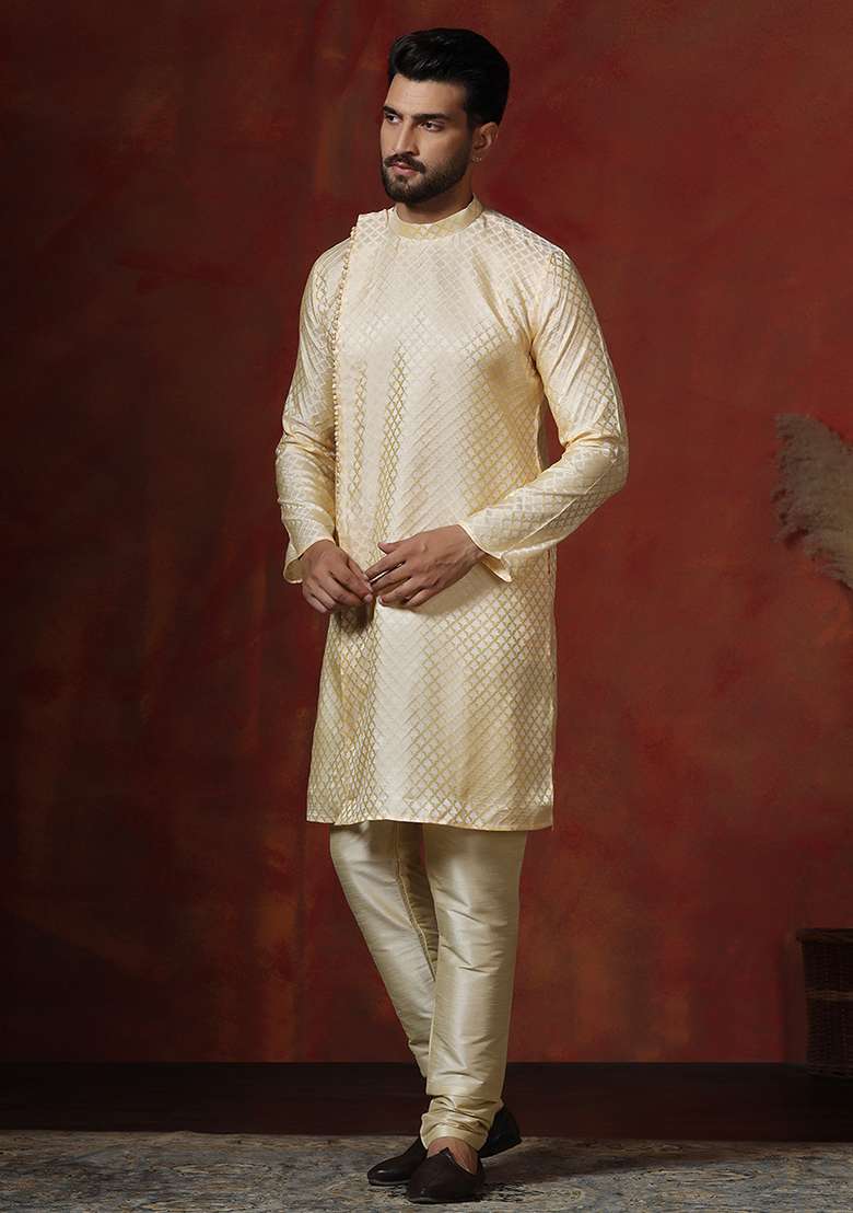 Lemon Printed Cotton Blend Kurta Churidar Set For Men - Indya