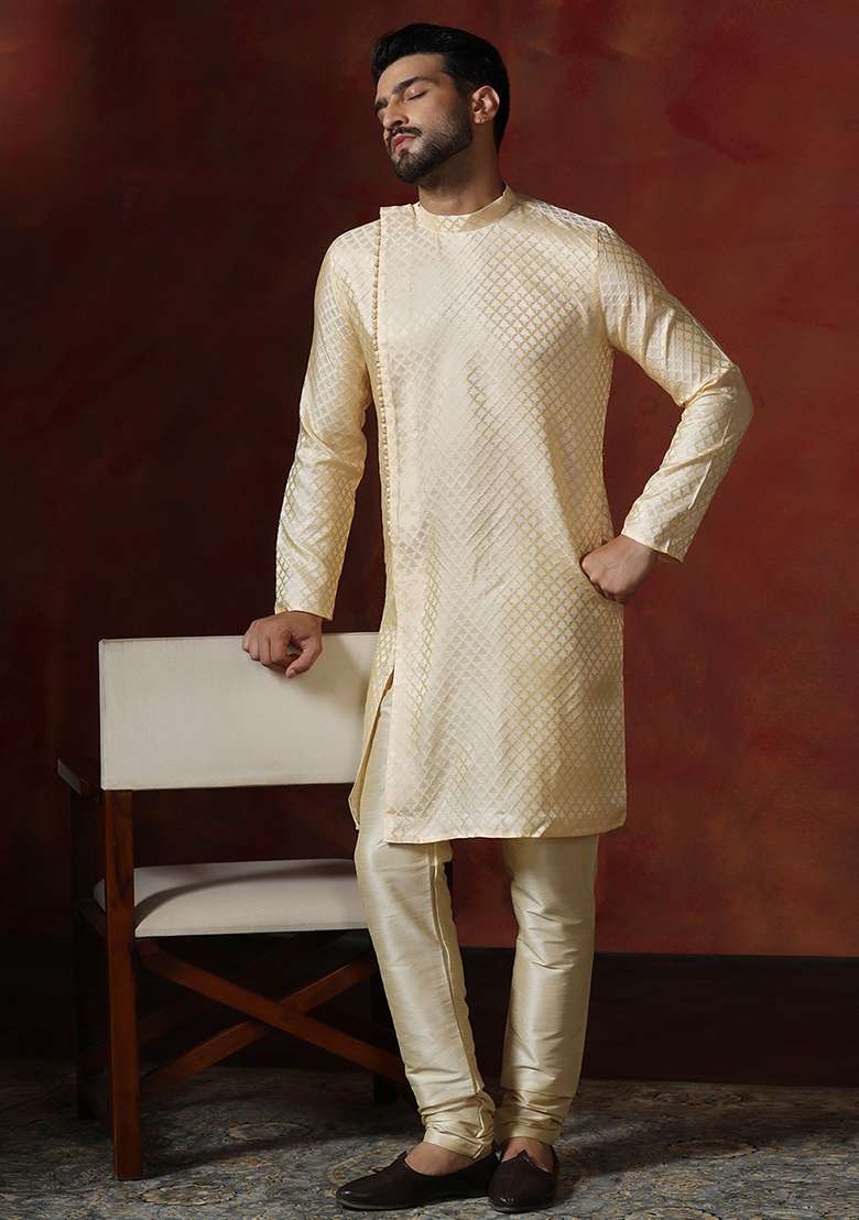 Lemon Printed Cotton Blend Kurta Churidar Set For Men - Indya