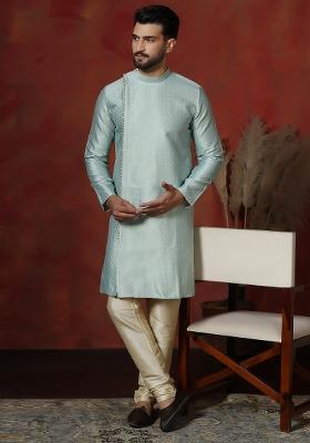 Sky Blue Printed Cotton Blend Kurta Churidar Set For Men